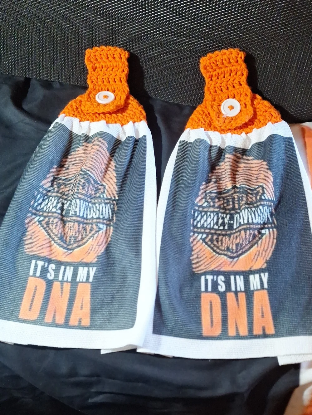 New Artisan Handmade Harley Davidson Hanging Kitchen Towels Crochet Top Set 2